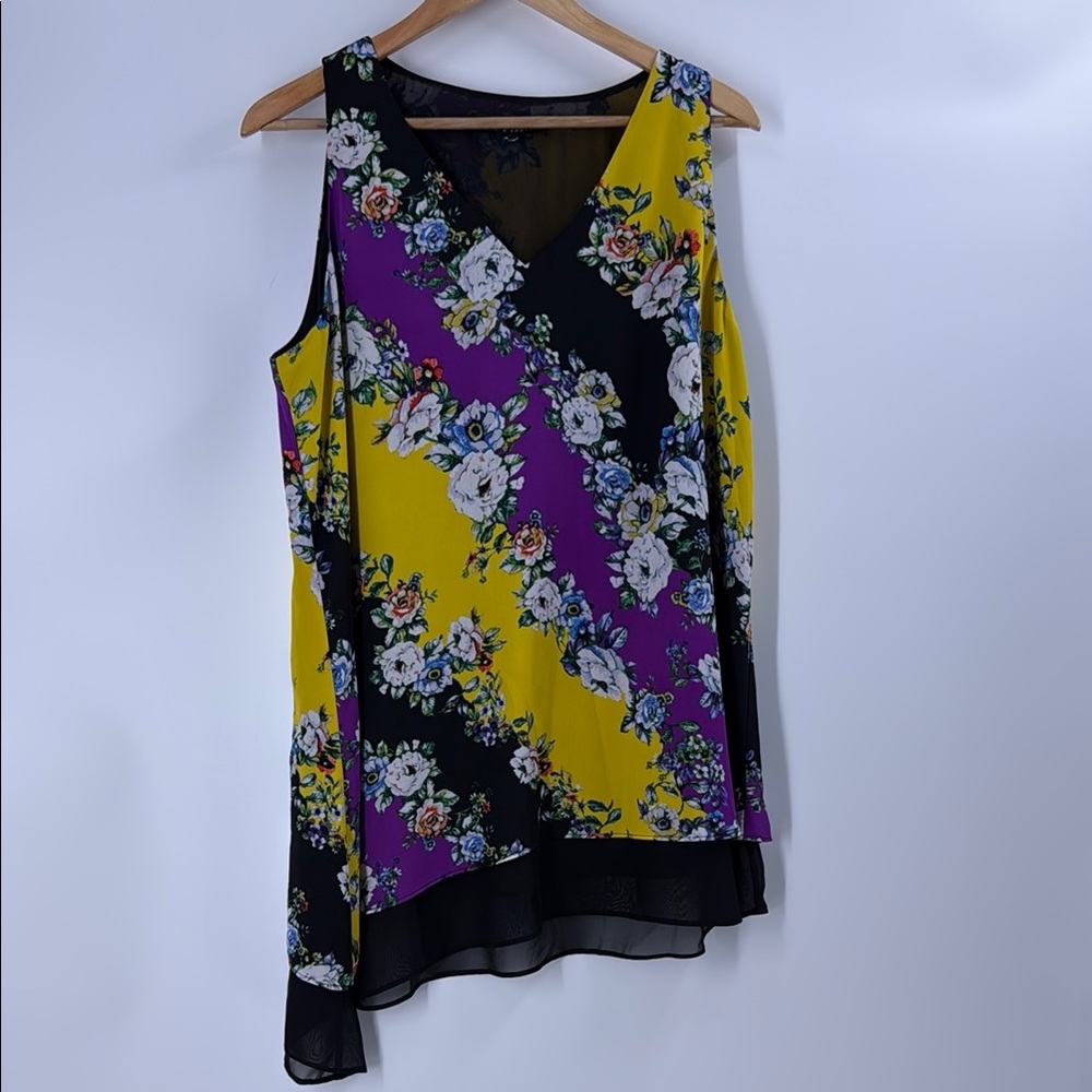 Zac & Rachel multi floral print purple yellow green black asymmetrical hem tunic